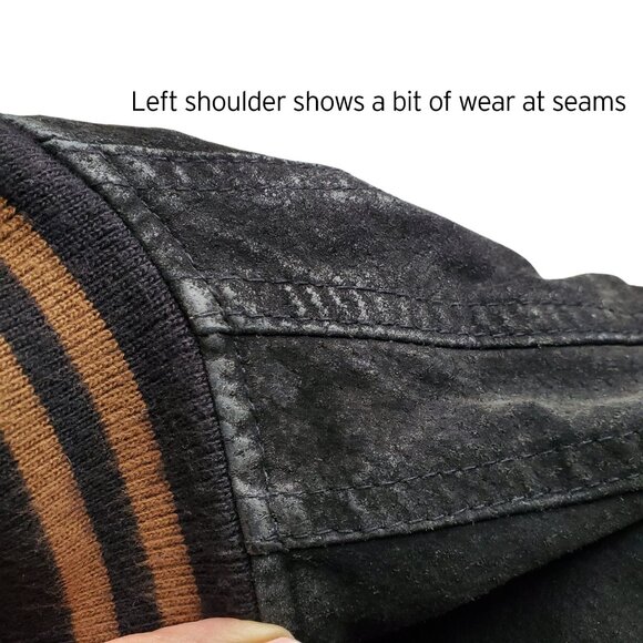 Route 66 Vintage Y2K 90s Suede Genuine Leather Varsity Bomber Jacket Black Tan L - Picture 16 of 16